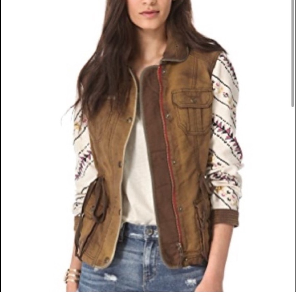 Brown Utility Jacket With Patterned Sleeves Size … - image 1